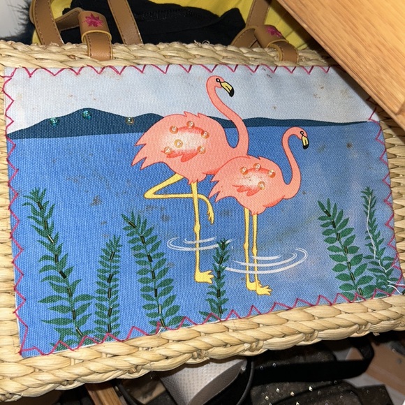 FINAL MARKDOWN ONE DAY SALE! NWT Straw Bag w PINK FLAMINGOS - Picture 7 of 8